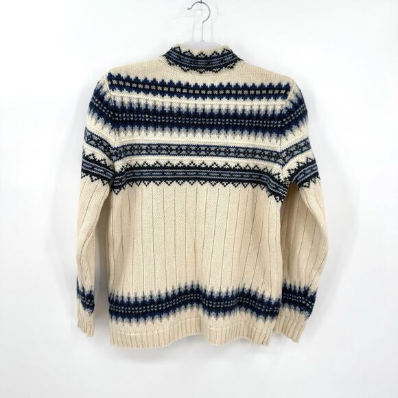 Vintage Lands End Wool Sweater Women's Medium Blue Fair Isle Nordic Zip Cardigan - Picture 2 of 8